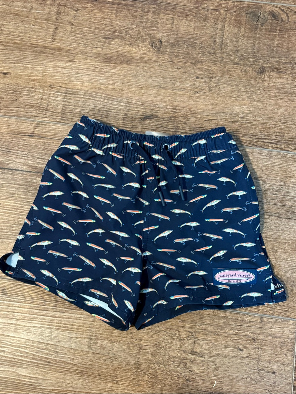 Red Vineyard Vines Navy Fish Print Kids Swim Shorts